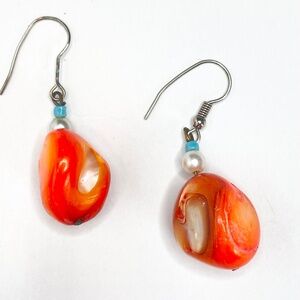 VINTAGE ORANGE GLASS FREEFORM BEADS DROP DANGLE EARRINGS FAUX PEARL ACCENTS